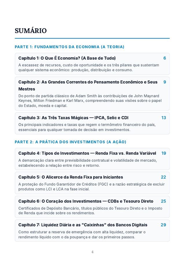 Página do sumário do e-book Do Zero ao Investidor