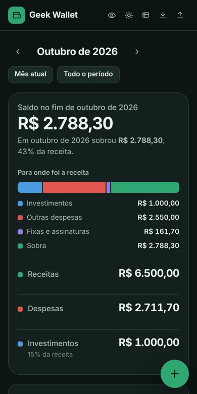 Tela de resumo do Geek Wallet em tamanho de celular