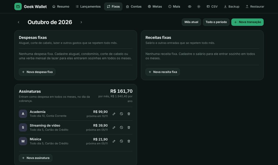 Tela de despesas fixas e assinaturas